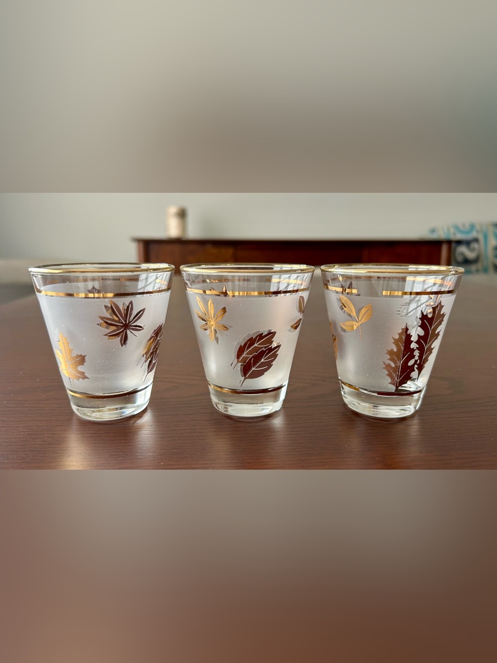Three Vintage MCM Libbey Golden Foliage four ounce juice / tasting glasses